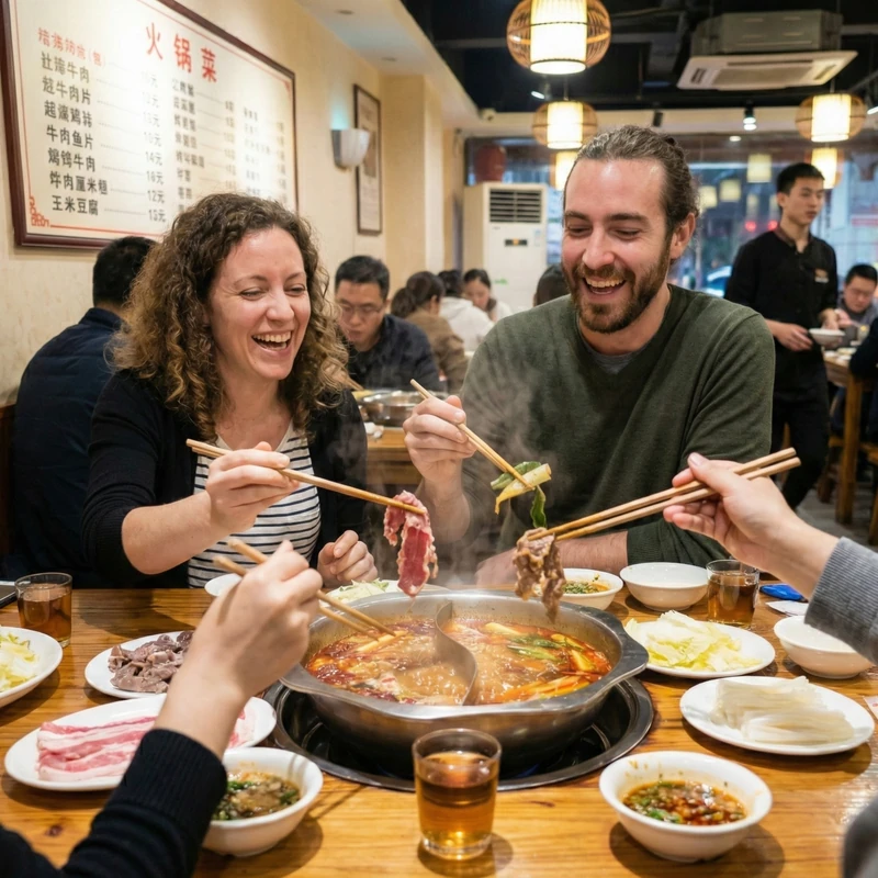 Group of expat teachers enjoying traditional Chinese hotpot dinner