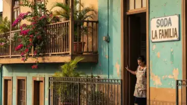 Traditional Costa Rican building and local restaurant on a colorful neighborhood street