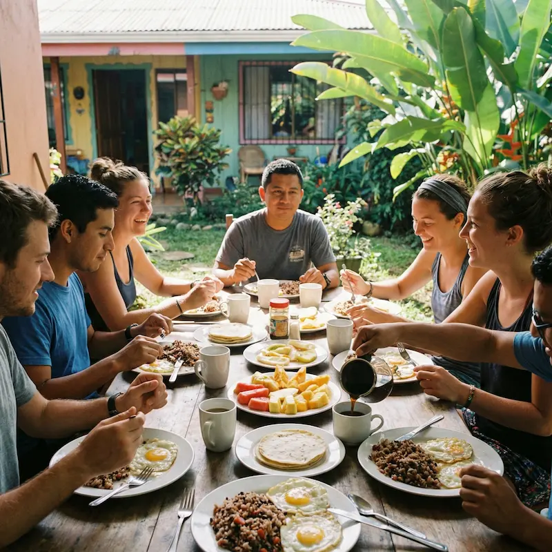 Teachers sharing a traditional meal with locals in Costa Rica