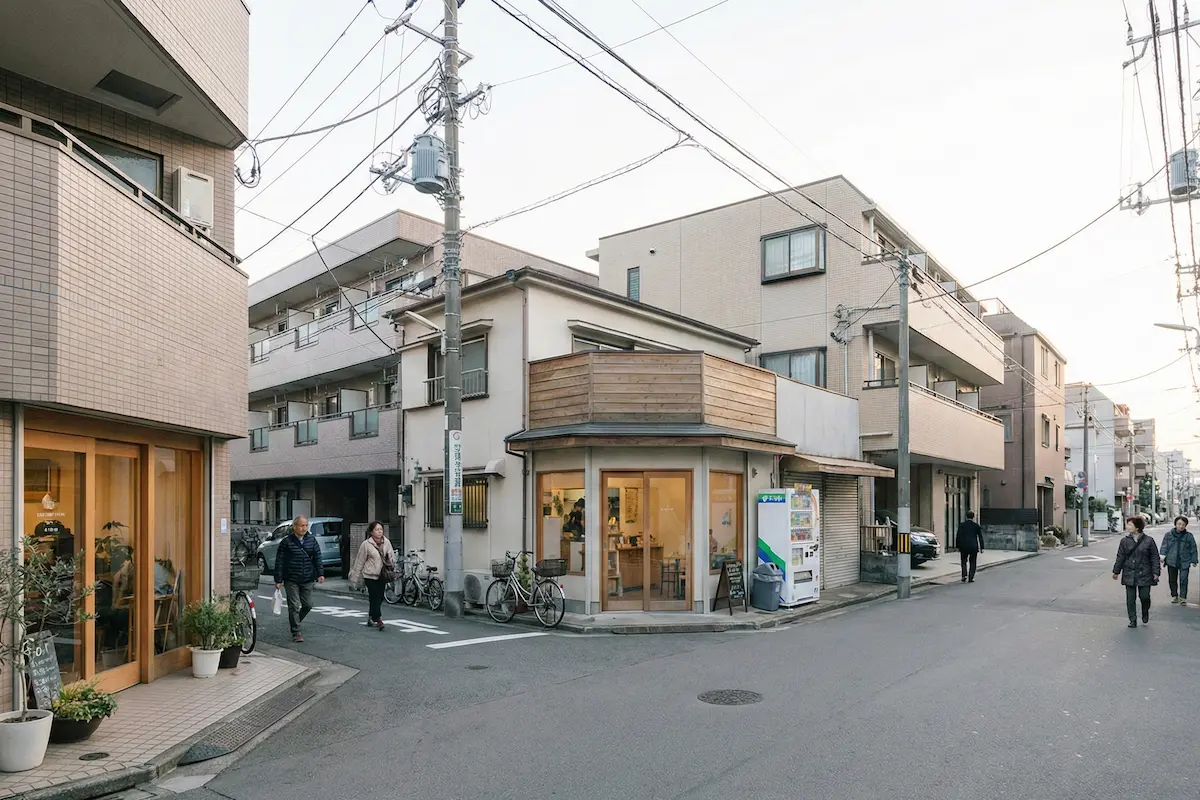 Everyday street-level city life in Japan with pedestrians and local shops