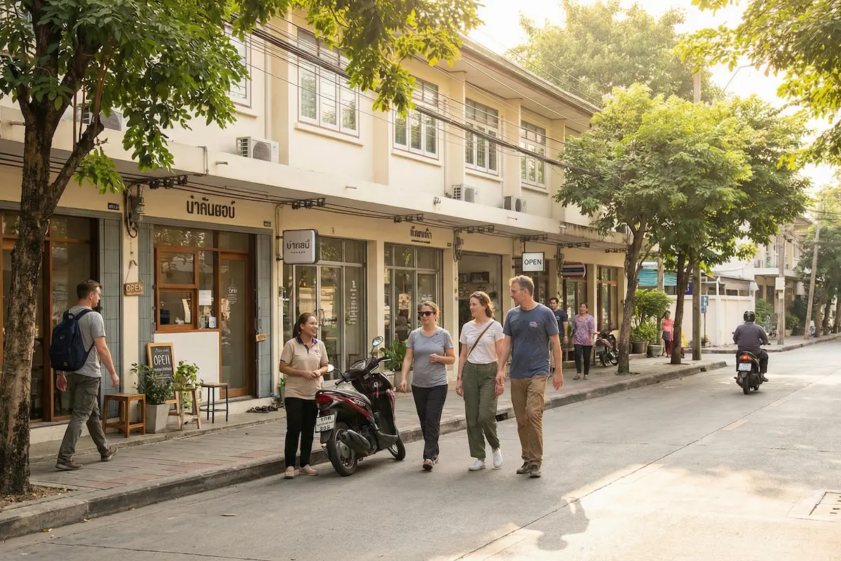 Vibrant street scene in Thailand showing daily life for English teachers