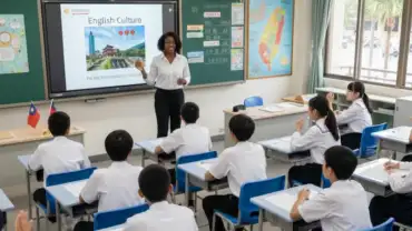myTEFL graduate teaching English in a Taiwan elementary school classroom