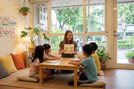 myTEFL graduate teaching English to young learners in a bright Taiwan classroom