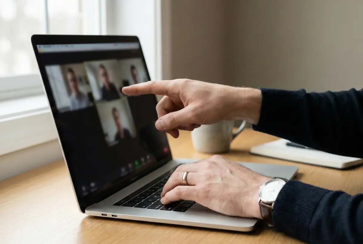 Laptop screen displaying a live English teaching lesson