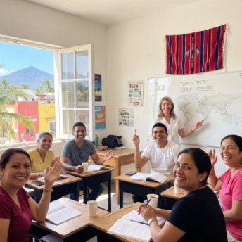 TEFL Mexico Internship - In-Person Class Training TEFL teacher conducting a lively lesson with happy adult students during a myTEFL Mexico internship.