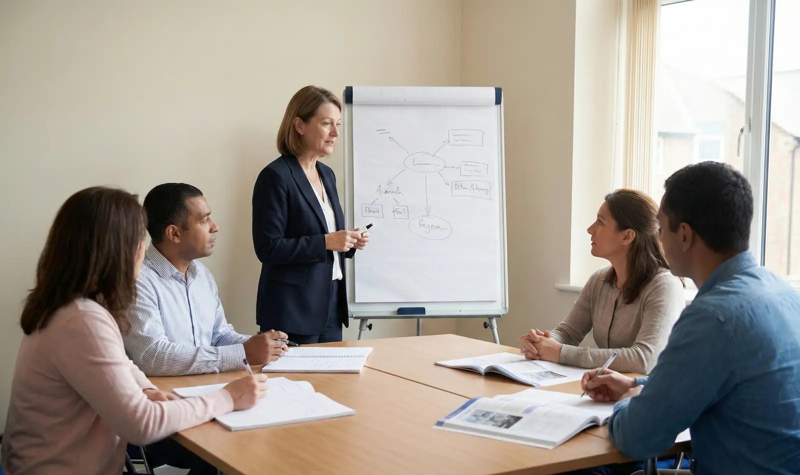 Instructor leading adult learners in an 80-hour TEFL course focused on teaching methodology and language skills