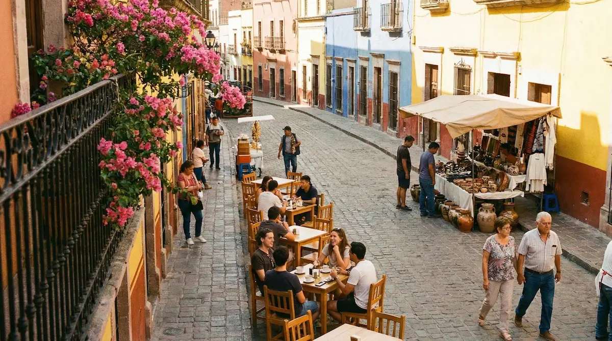 Outdoor cafés and daily street life in a colorful Mexican neighborhood popular with English teachers