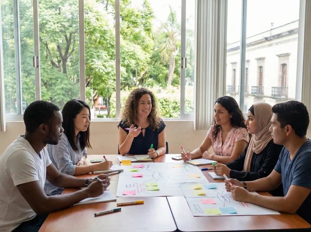 TEFL interns participating in in-person English teaching training during a Mexico internship program