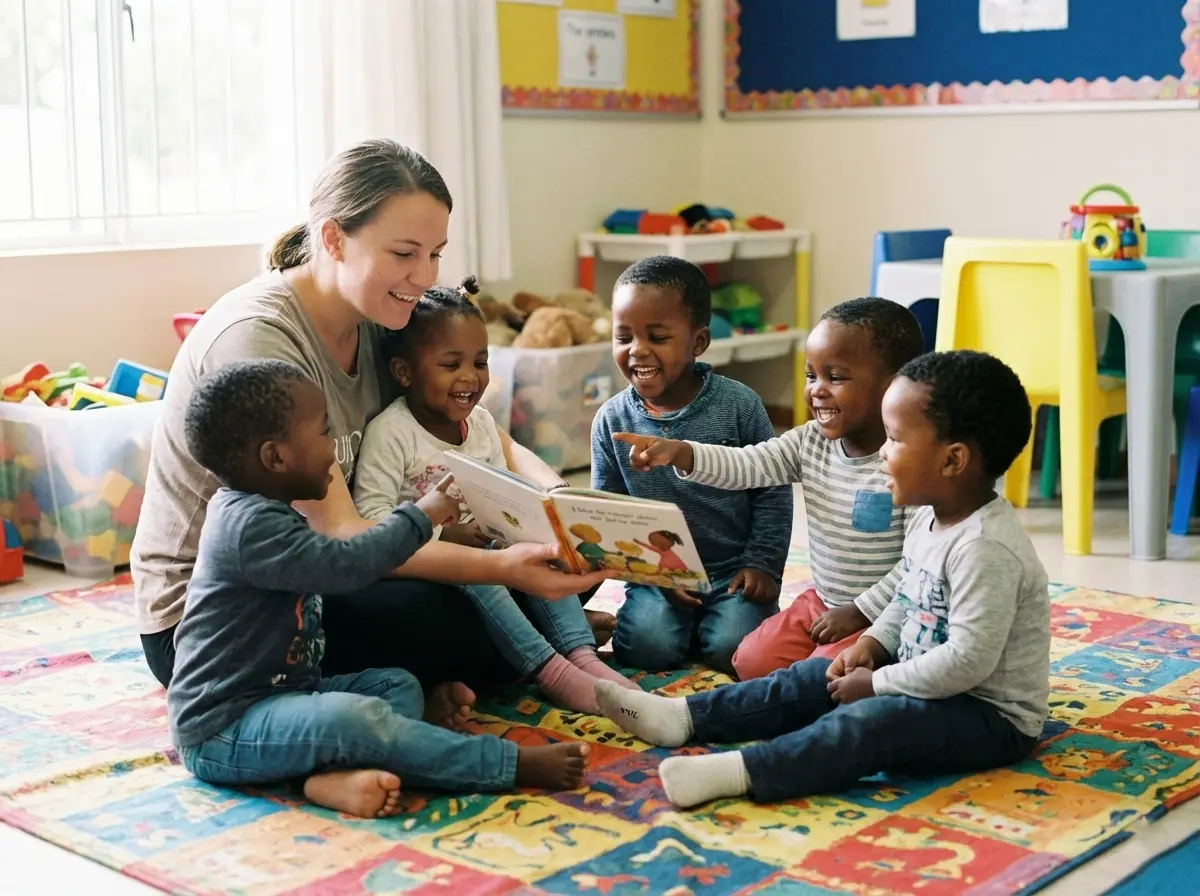 Volunteer helping toddlers in a South African preschool