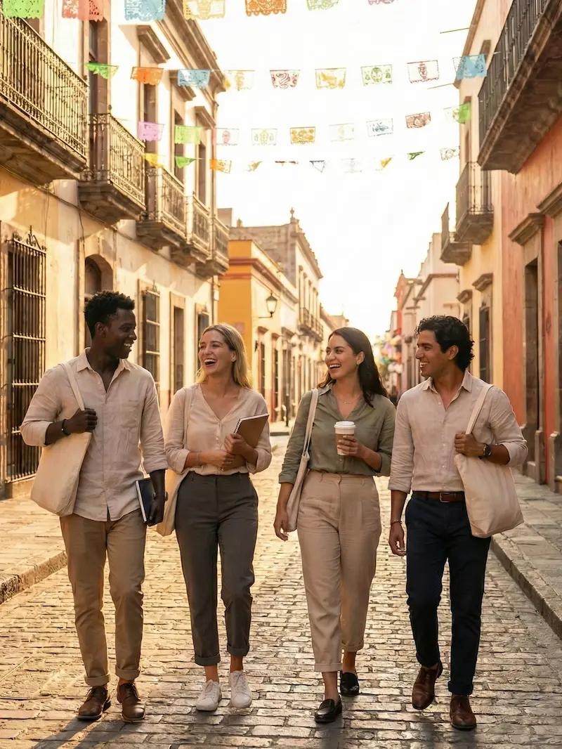 TEFL interns walking together in a historic Mexican city during a paid English teaching internship