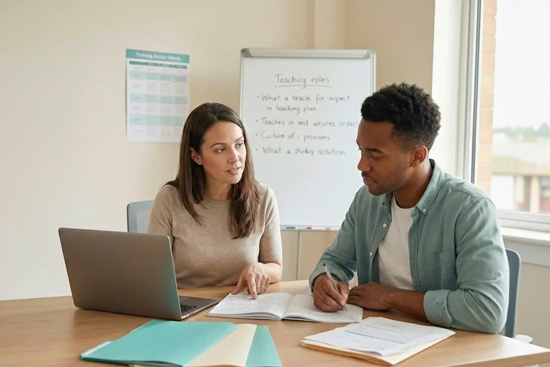 TEFL instructor guiding a trainee through lesson planning during a practical teacher training session