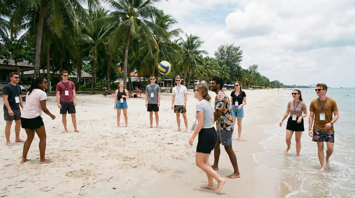 TEFL interns relaxing on Hua Hin beach during a break from English teaching internship training in Thailand