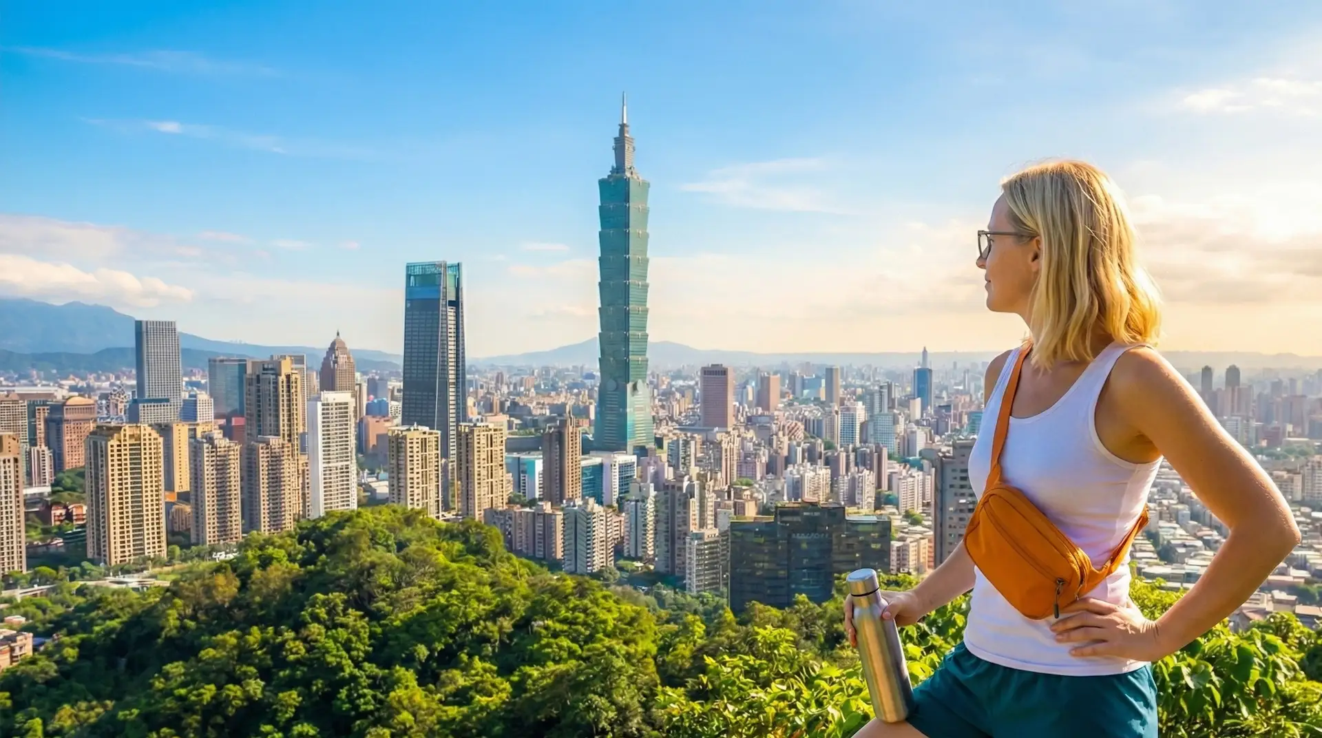 TEFL teacher looking out over the Taipei city skyline and Taipei 101 in Taiwan